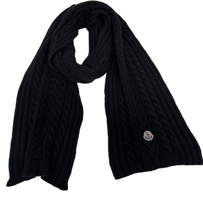 Moncler Black Virgin Wool Cable Knit Logo Scarf