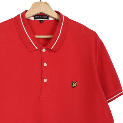 Lyle & Scott red short sleeve polo shirt with embroidered logo and cotton material.