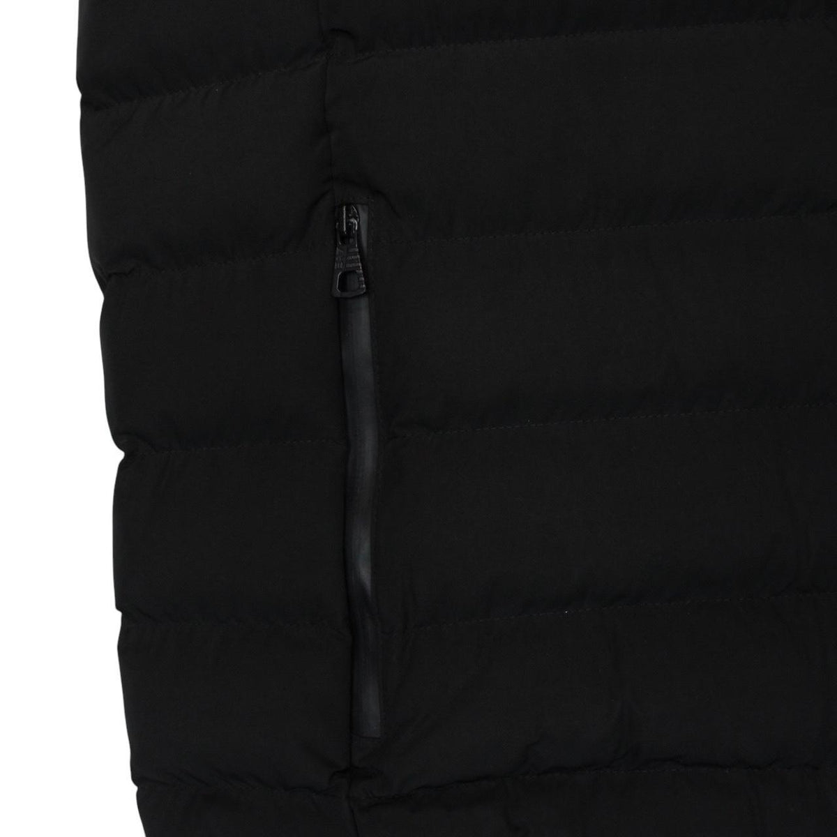 Emporio Armani black quilted hooded gilet with logo detail and zip pockets.