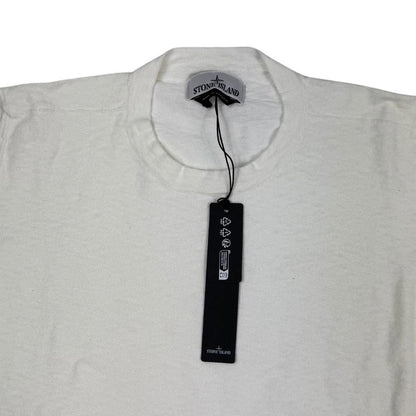 Stone Island white organic cotton knit sweatshirt with logo patch on sleeve.