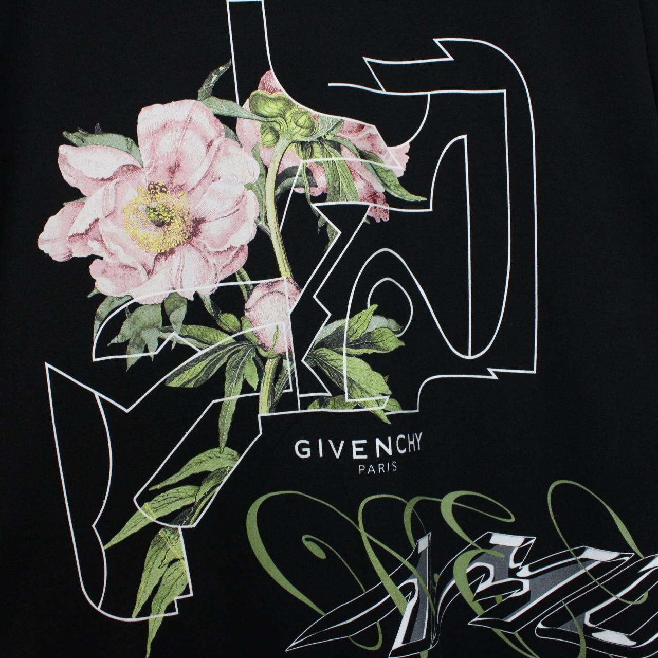 Givenchy Paris Black and Multicoloured Floral Print Short Sleeve Cotton T-Shirt