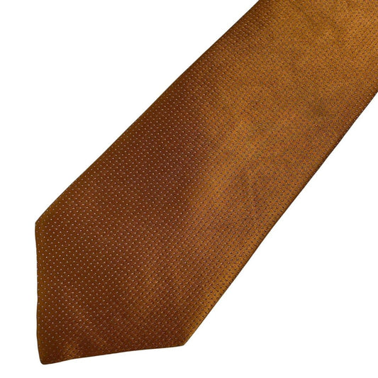 DKNY vintage silk tie in mustard brown with subtle sheen and classic design.