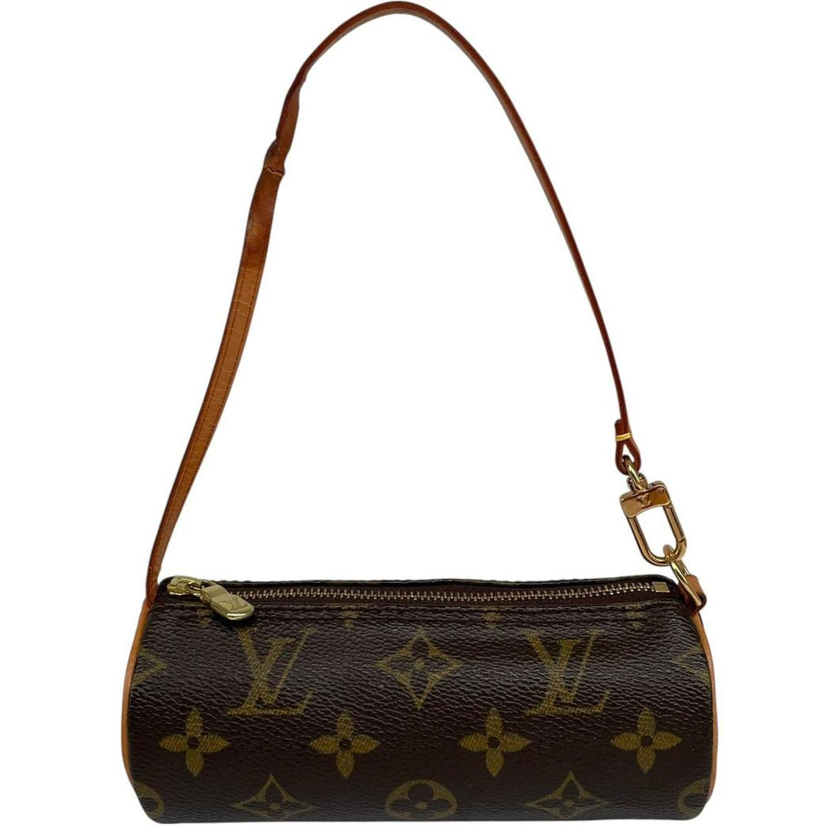 Louis Vuitton brown and tan mini pochette bag with monogram canvas pattern and logo.