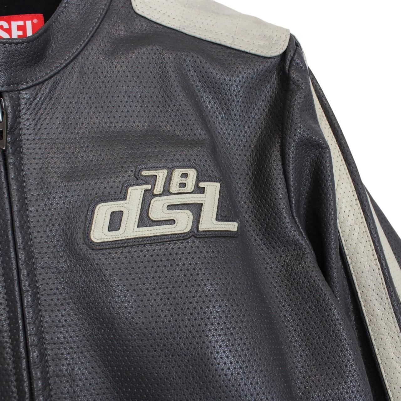 Diesel grey leather jacket with full zip and subtle logo detailing.