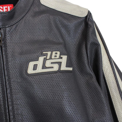 Diesel grey leather jacket with full zip and subtle logo detailing.