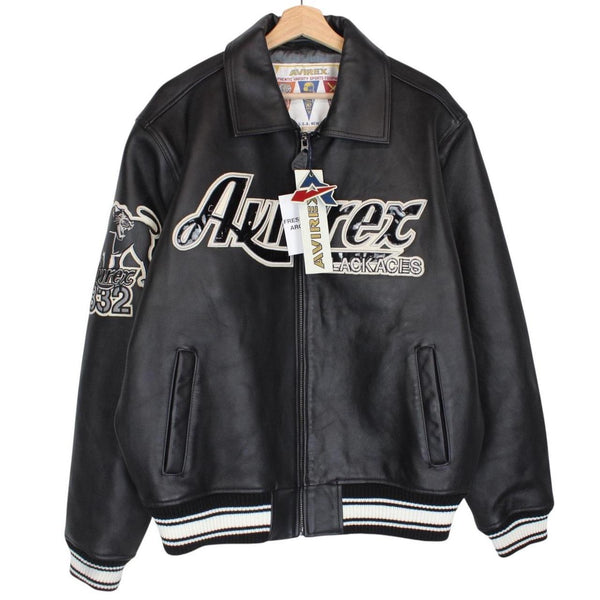 Avirex black leather jacket with Tuskegee Aces logo and full zip design.