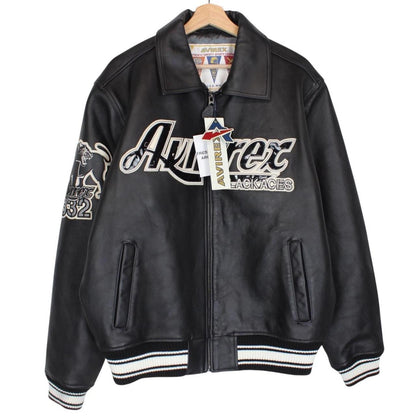 Avirex black leather jacket with Tuskegee Aces logo and full zip design.