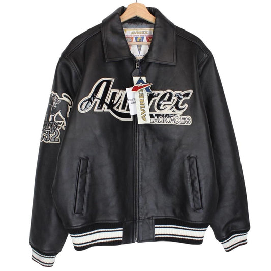 Avirex black leather jacket with Tuskegee Aces logo and full zip design.