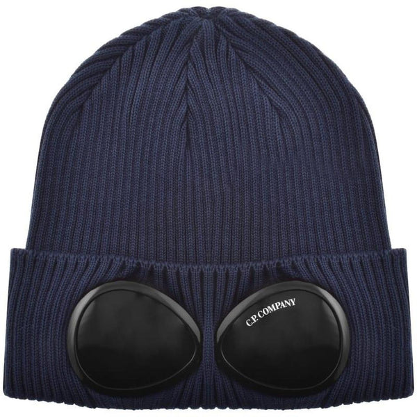 CP Company navy blue beanie hat with goggle detail and cotton material.