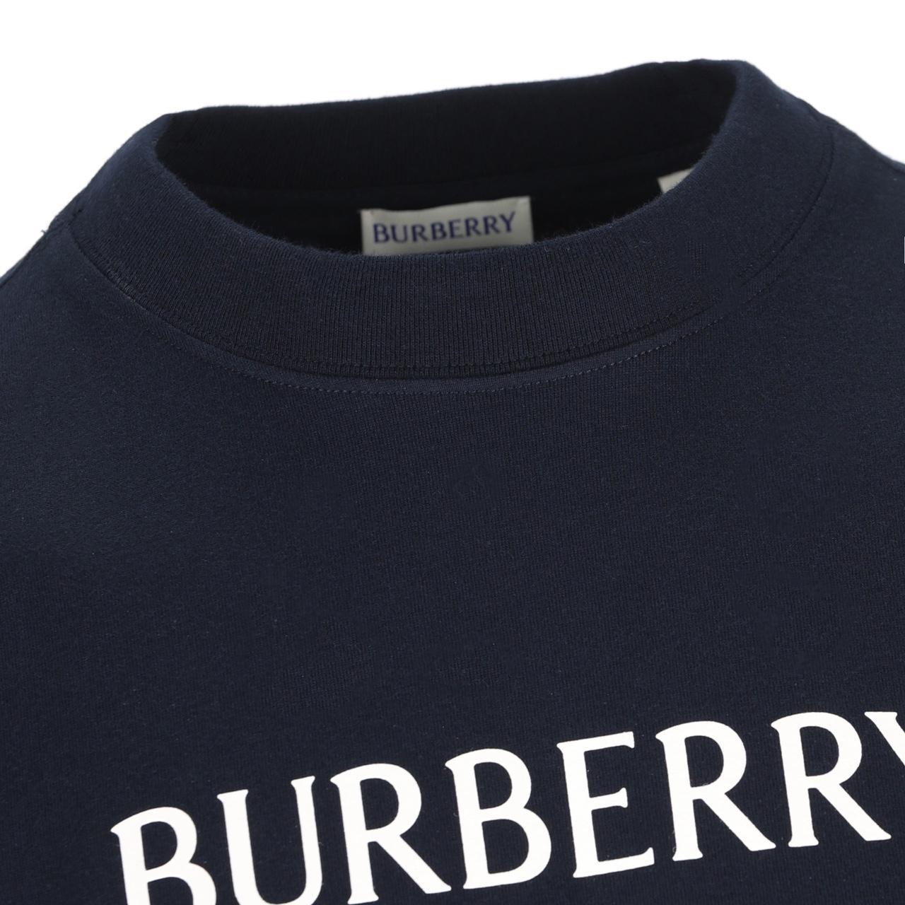 Burberry Navy Blue and White Logo Print Short Sleeve Cotton T-Shirt
