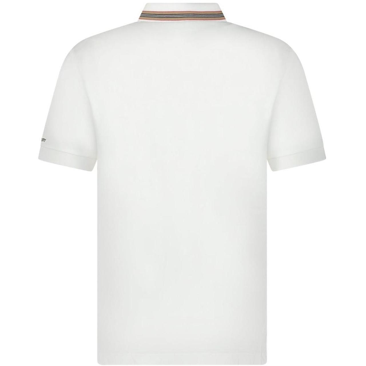 Burberry white polo shirt with striped check collar and cotton material.