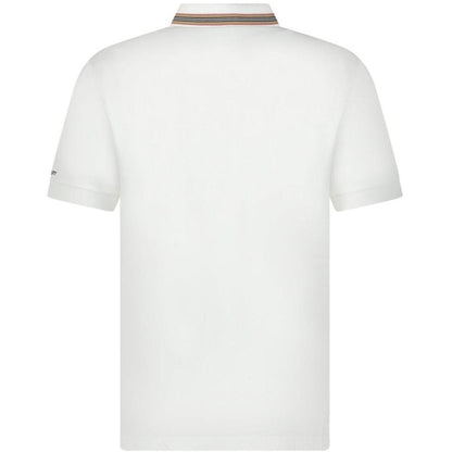 Burberry white polo shirt with striped check collar and cotton material.