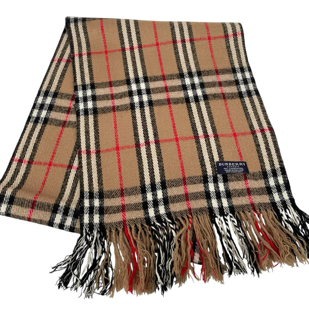 Burberry tan brown lambswool scarf with iconic Nova Check pattern.