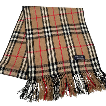 Burberry tan brown lambswool scarf with iconic Nova Check pattern.
