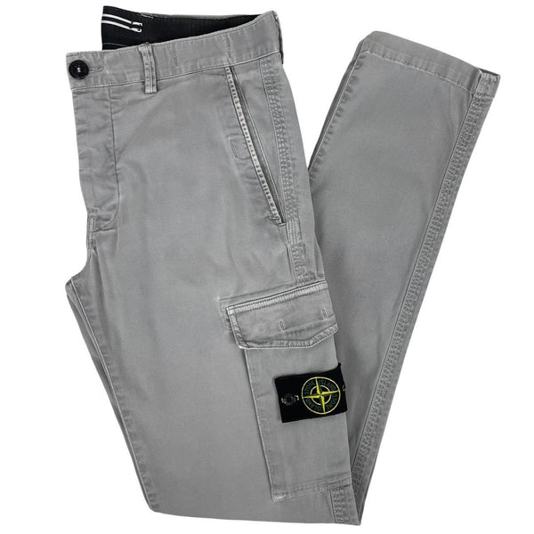 Stone Island grey slim fit cargo trousers with logo patch and repaired back pockets.