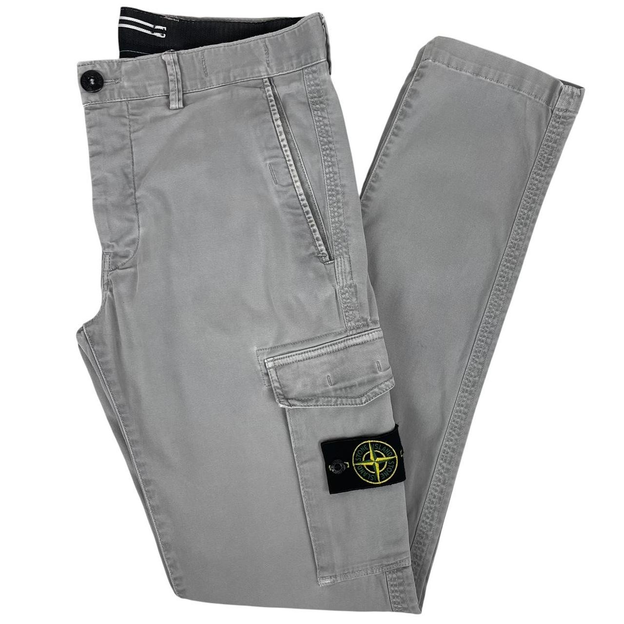Stone Island grey slim fit cargo trousers with logo patch and repaired back pockets.