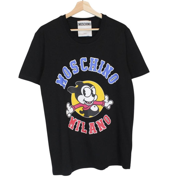 Moschino black cotton t-shirt featuring colorful cartoon print and logo detail.