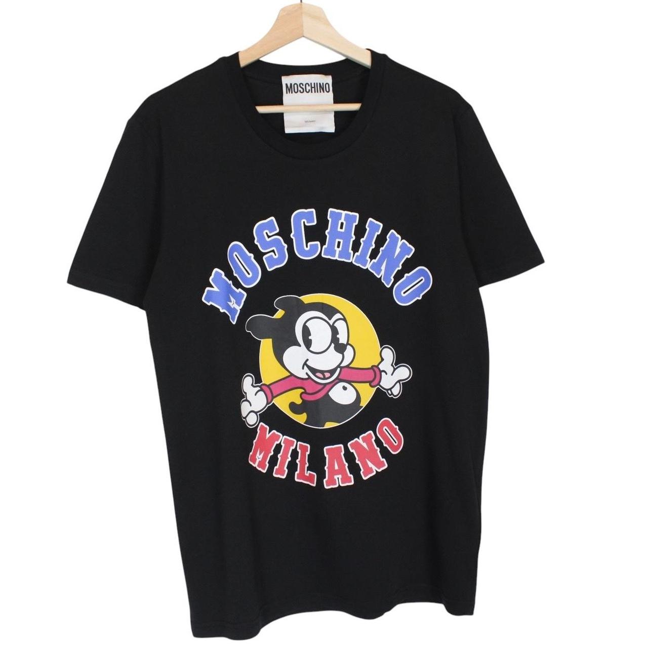 Moschino black cotton t-shirt featuring colorful cartoon print and logo detail.