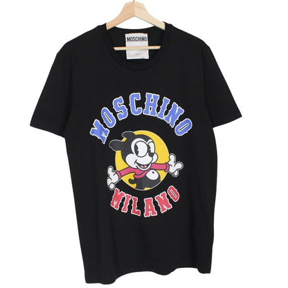 Moschino black cotton t-shirt featuring colorful cartoon print and logo detail.