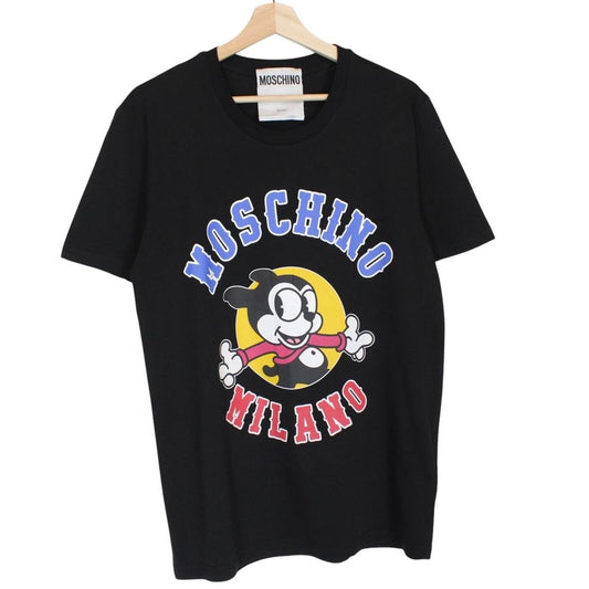 Moschino black cotton t-shirt featuring colorful cartoon print and logo detail.