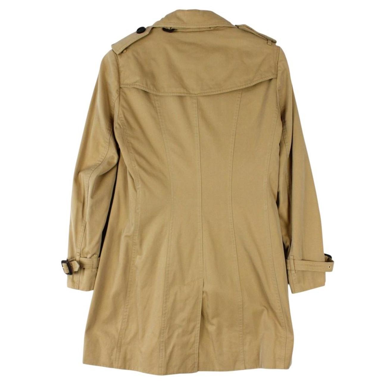 Burberry tan brown trench coat with Nova Check pattern and double-breasted design.