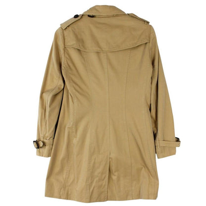 Burberry tan brown trench coat with Nova Check pattern and double-breasted design.