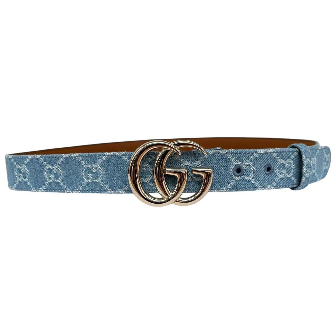 Gucci Light Blue Canvas Denim Monogram Marmont Belt with GG Buckle