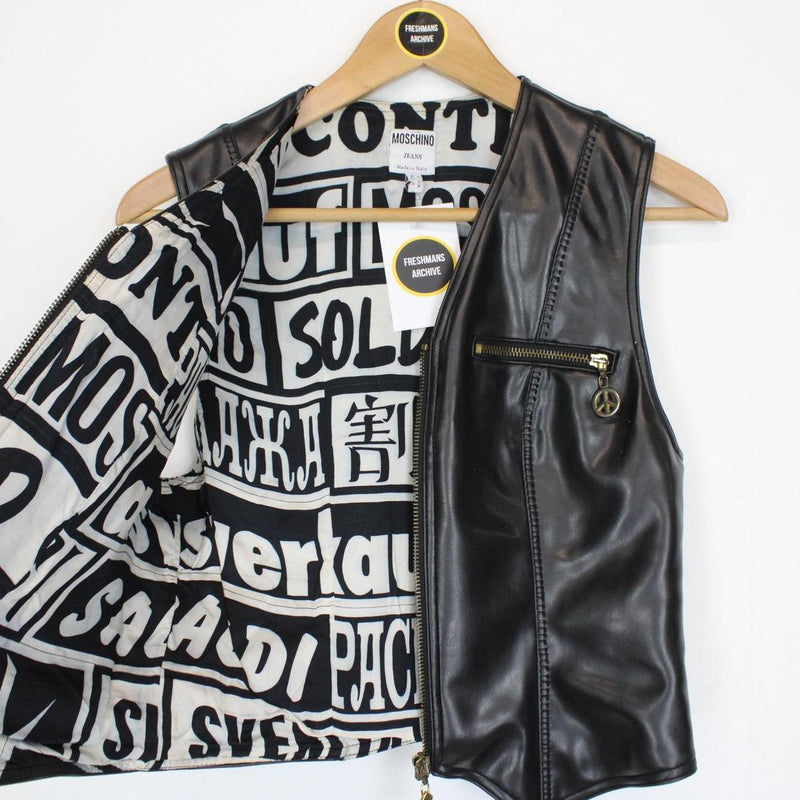 Vintage 90s Moschino Peace and Love Black Faux Leather 2 Piece Vest and Shorts