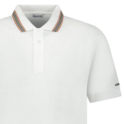 Burberry white polo shirt with striped check collar and cotton material.