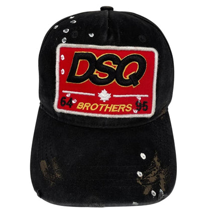 Dsquared2 black and red baseball cap embroidered Brothers logo on front.