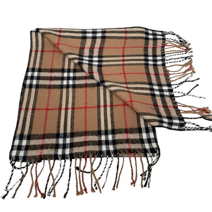 Burberry tan brown lambswool scarf featuring classic Nova Check pattern.