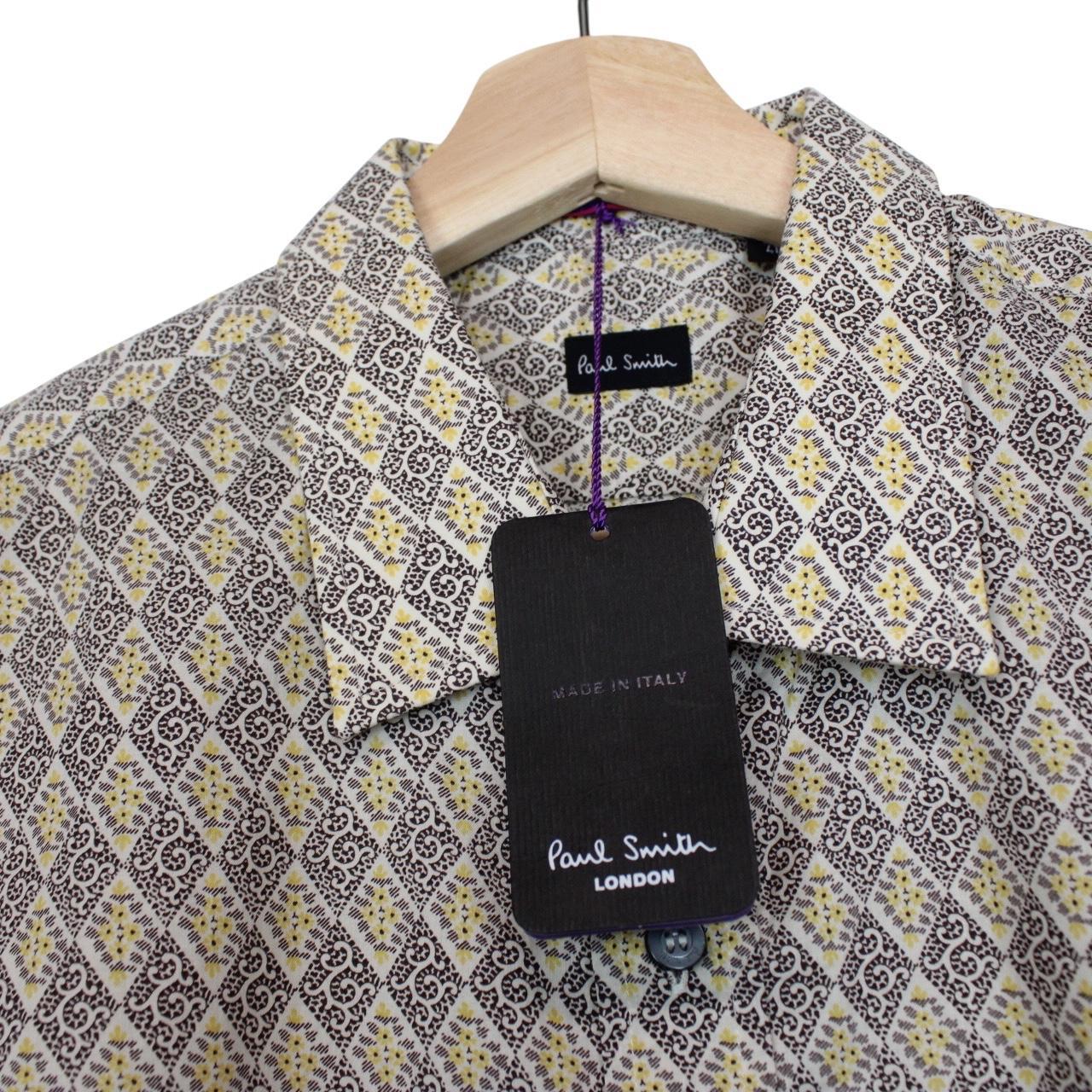Paul Smith cream formal shirt with multicoloured abstract pattern and long sleeves.