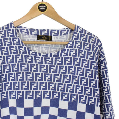 Vintage 90s Fendi Blue and White Zucca Monogram Cotton Short Sleeve T-Shirt