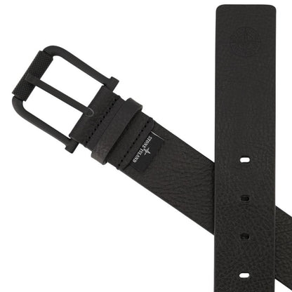 Stone Island black tumbled leather belt with debossed Compass logo and textured metal buckle.