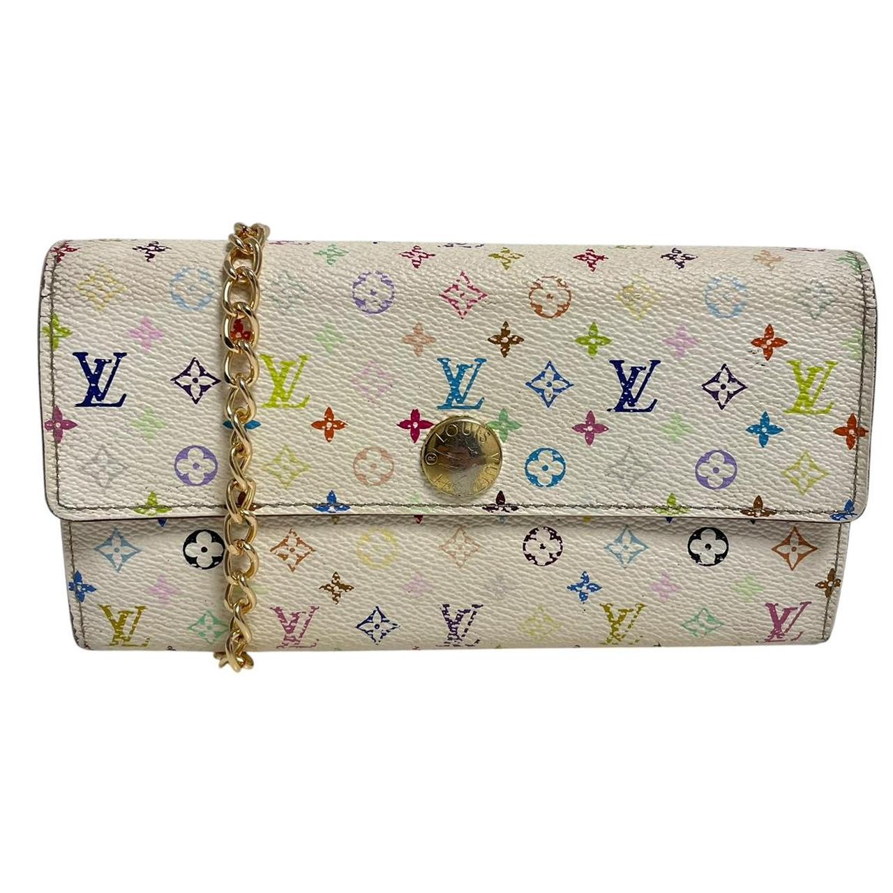Louis Vuitton white crossbody wallet with multicoloured monogram and gold strap.