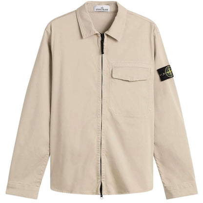 Stone Island beige overshirt jacket with buttoned chest pocket and concealed zipper.