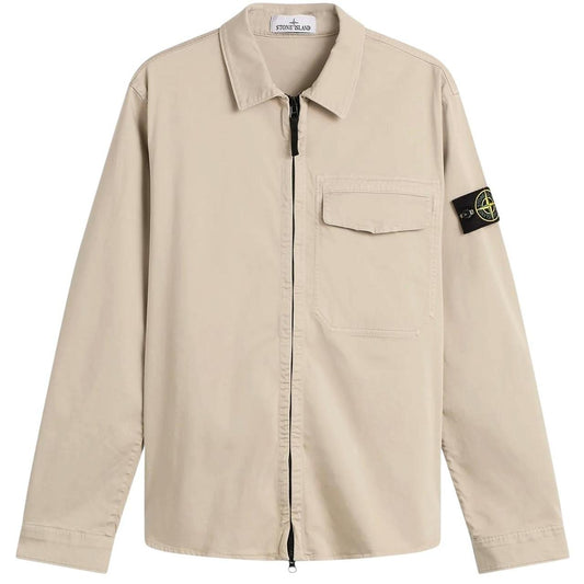Stone Island beige overshirt jacket with buttoned chest pocket and concealed zipper.