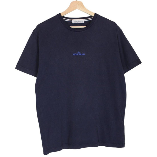 Stone Island navy blue short sleeve cotton t-shirt with logo print and label detail.