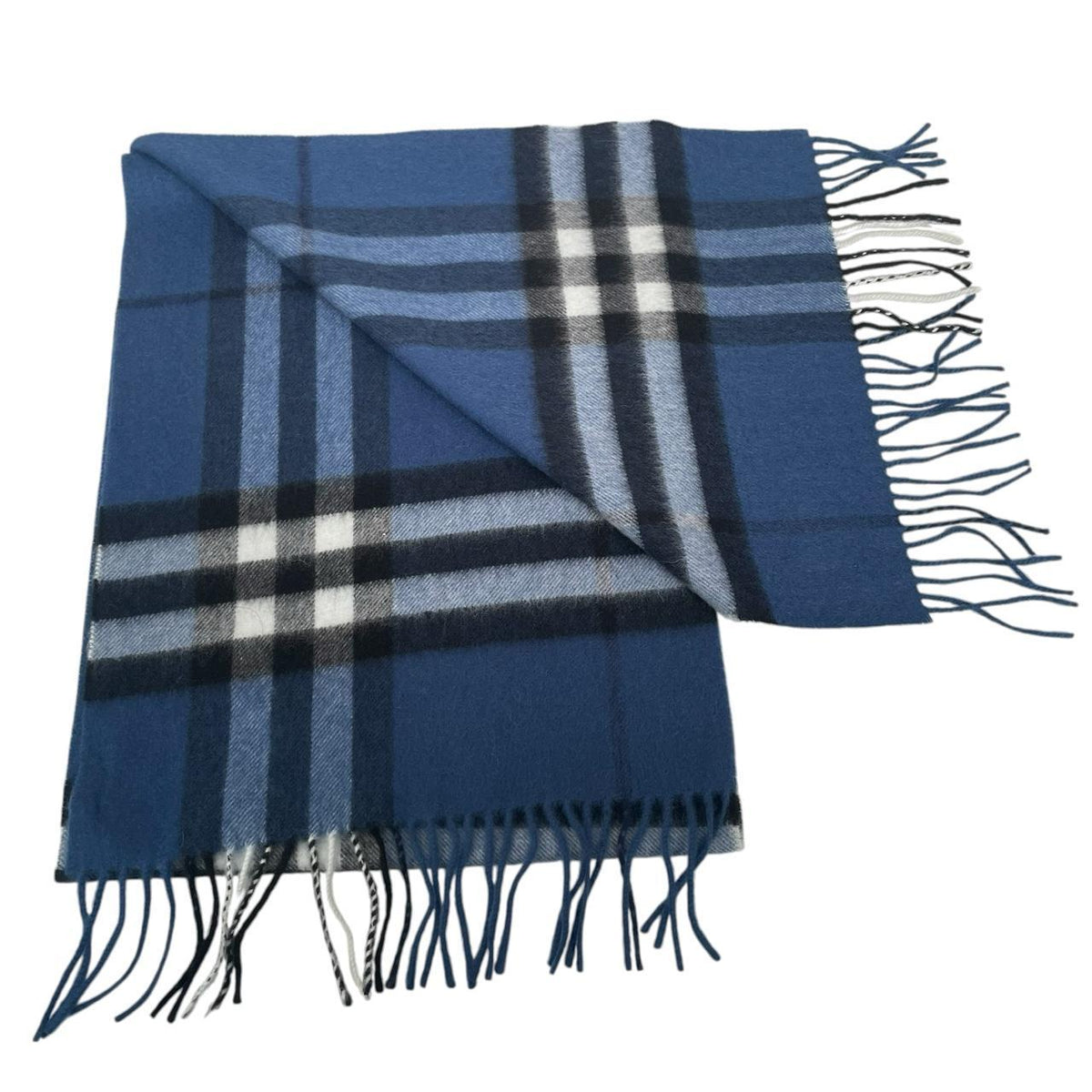 Burberry blue cashmere scarf featuring iconic Nova Check pattern and logo.