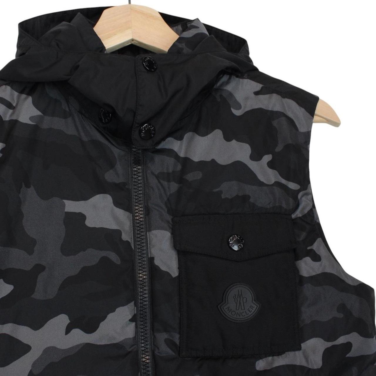 Moncler black and grey full zip down hooded gilet with logo and quilted design.
