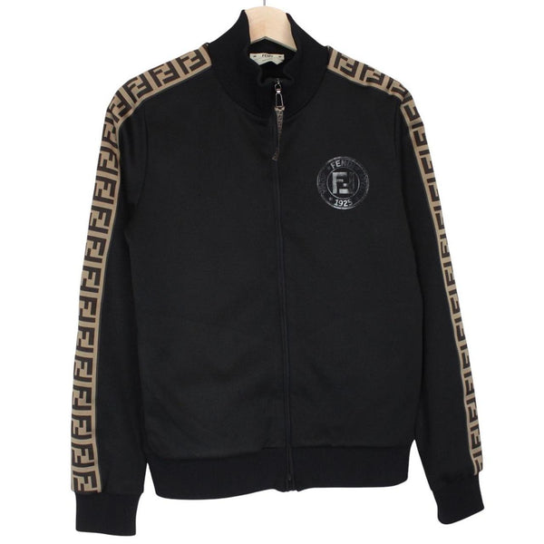 Fendi black and brown track jacket with Zucca monogram pattern and full zip.