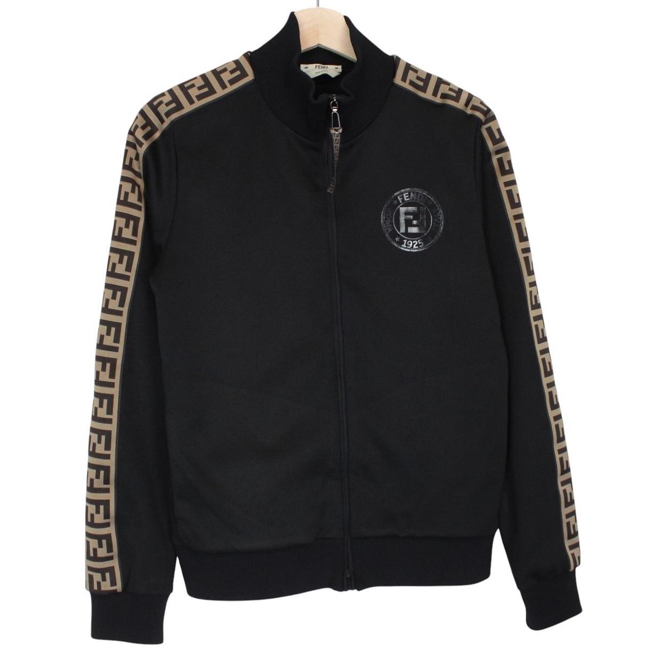 Fendi black and brown track jacket with Zucca monogram pattern and full zip.