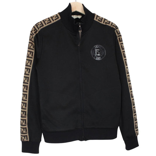 Fendi black and brown track jacket with Zucca monogram pattern and full zip.