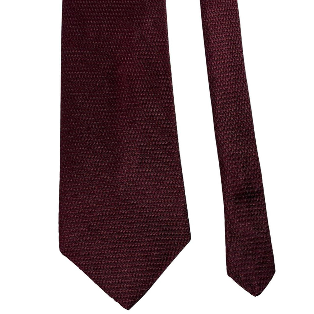 DKNY burgundy silk tie with subtle sheen and classic design.