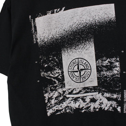 Stone Island black short sleeve t-shirt with logo print on chest and cotton material.