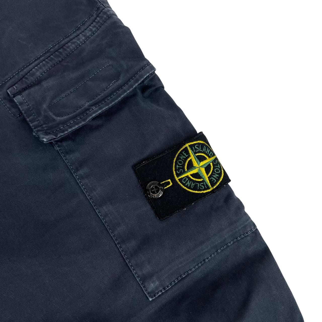 Stone Island navy blue cargo trousers with logo patch and RE-T fit design.