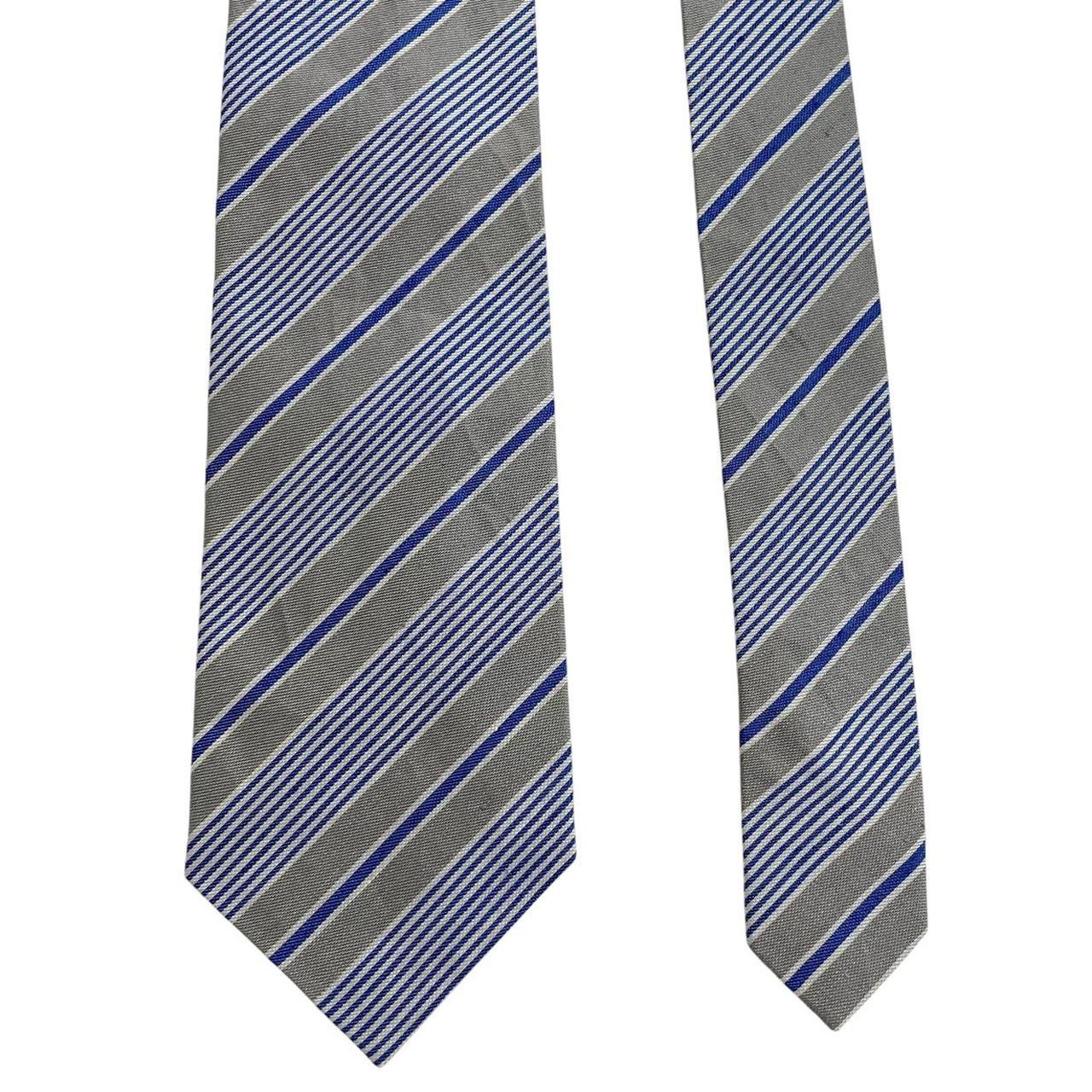 Paul Smith blue and grey striped tie in cotton/silk blend with logo detail.