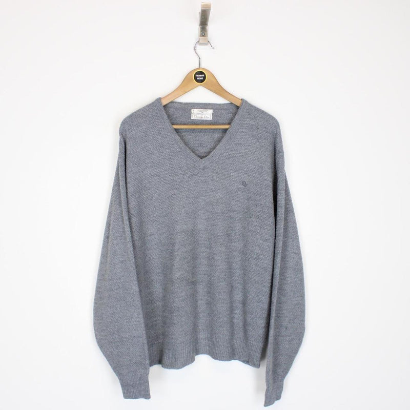 Vintage 90s Christian Dior Blue Orlon Arcylic Knit V-Neck Jumper