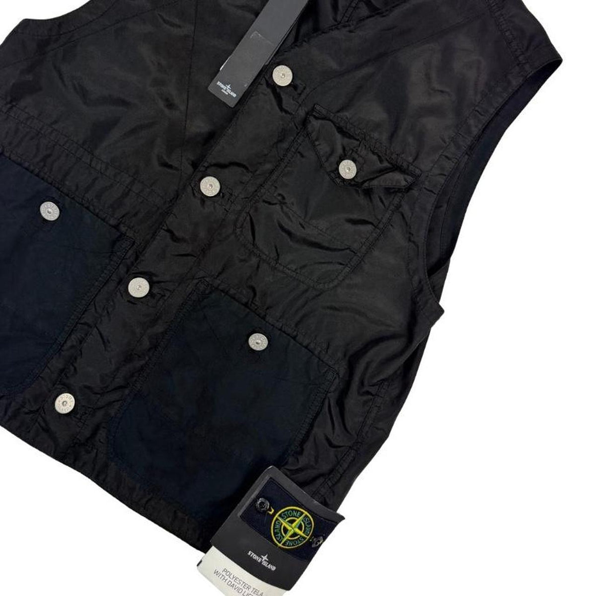 Stone Island black vest jacket, lightweight polyester, logo patch on chest.