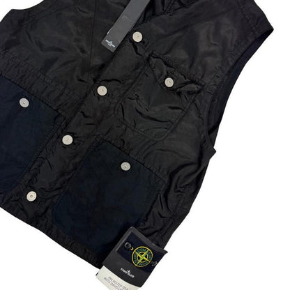 Stone Island black vest jacket, lightweight polyester, logo patch on chest.